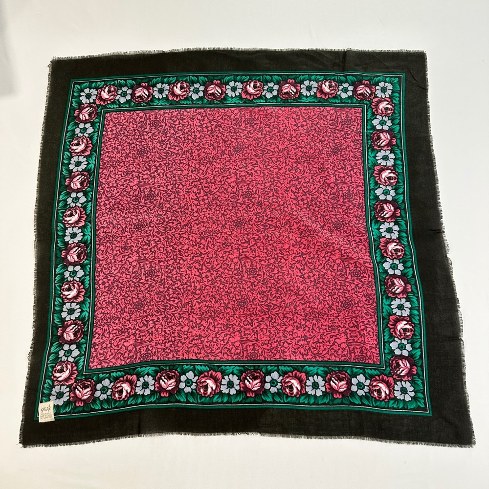 Vintage Glentex Scarf Square Red Paisley Floral Rose Border Folk Japan 30x30